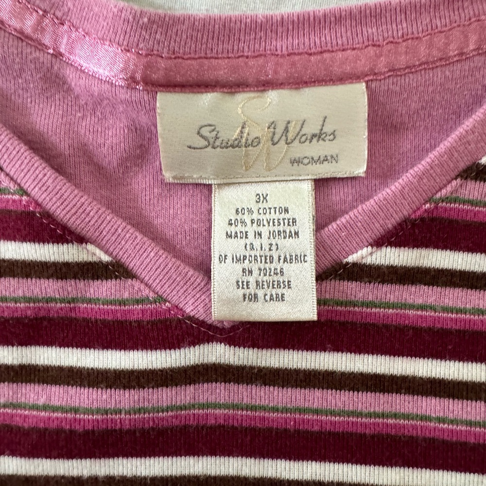 ‘Studio Works Woman’ 3/4 sleeve, Pink&Purple striped T-Shirt, size 3X